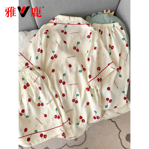Pajama de gasa de algodón puro de Yalu para mujeres pantalones de manga corta Juego de tres piezas Sweet Cherry Cardigan Cardigan Home Spring y Autumn Yunduo Cotton-J9901# Paradise Puppy Tres piezas M [Sugerencia 75-100Jin [Jin equivale a 0.5 kg]]]