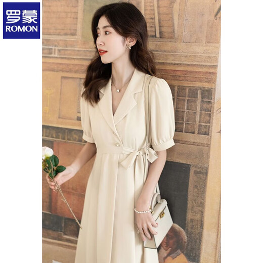 罗蒙西装领连衣裙女2025夏新款短袖白色长款收腰显瘦年高档气质a字裙 QSJ1218米色 M