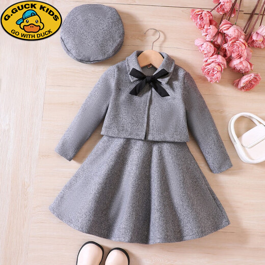 G.DUCKKIDS Girls' Suit Winter Bow Woolen Jacket Vest Skirt Hat Three-piece Set Winter Warm Clothes Middle and Older Children Gray 120cm