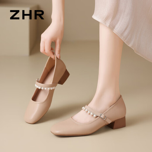 ZHR玛丽珍鞋女夏季粗跟真牛皮珍珠女鞋气质百搭单鞋女 AH692 杏色 37