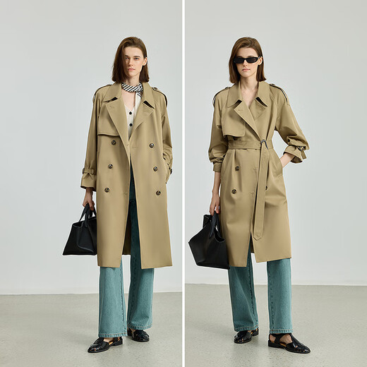 LILY2025 new autumn style retro British style double-breasted casual commuter belt long khaki windbreaker jacket 717 Khaki S