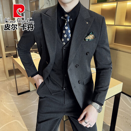 Pierre Cardin groom wedding suit men's peaked lapel slim dress business professional formal double-breasted suit men black three-piece suit XL (suitable for 126-140 Jin Jin equals 0.5 kg)