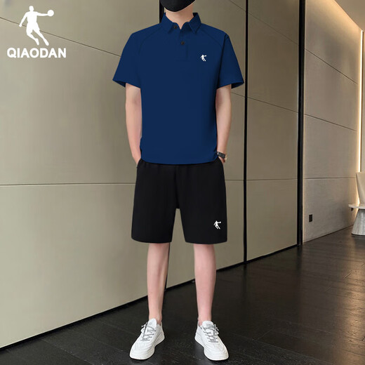 乔丹运动套装男2025夏季新款透气速干翻领短袖t恤短裤跑步健身两件套 日蚀蓝-黑色 L /175