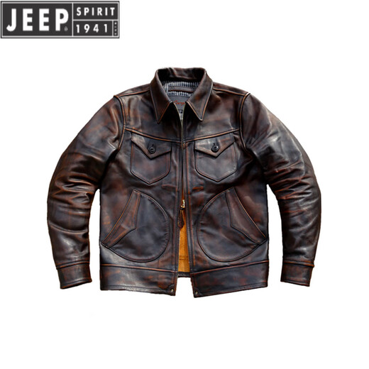JEEP SPIRIT Mendoza Heavy Industry Washed Distressed Horseskin Leather Jacket Retro Workwear Leather Jacket Ami Khaki Genuine Leather Jacket Men Unlined M