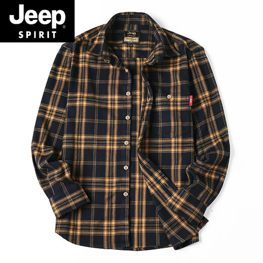 JEEP SPIRIT吉普格子衬衫男春秋季棉质休闲长袖小格衣红色磨毛外套男士 5016黄格 2XL 175/98B