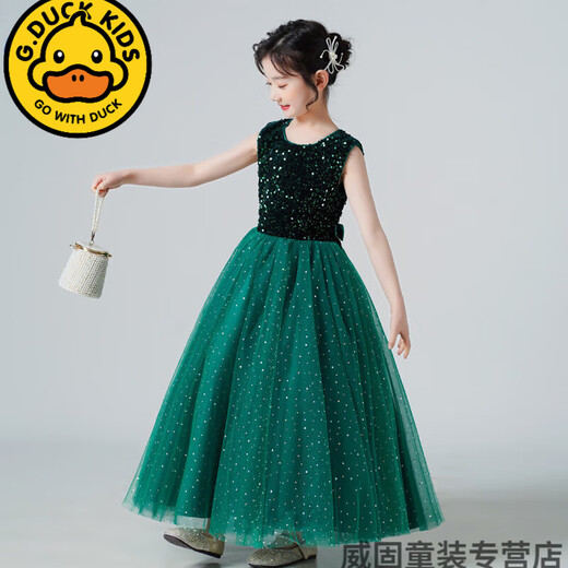 G.Duckkids2025 Sommer -Style Girls Pailletten -Mesh Rock Saum Langer Rock weiße Kleid Performance Kleid Prinzessin Rock Korean Green 120 cm