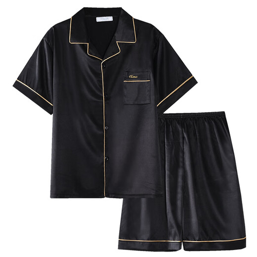 Yalu pajamas men's summer thin ice silk short-sleeved teenagers can wear men's 2025 new home clothing suit Kuangye Hei [new style of the season in progress.] M Recommended height is about 165, weight is 90-110