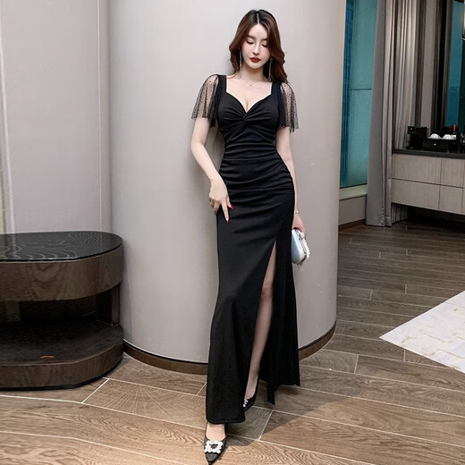 
Nightclub KTV sexy dress Beautiful evening dress long skirt foot bath sauna massage SPA foot technician work clothes 3882 black S suggest 80-95Jin [Jin equals 0.5 kg]