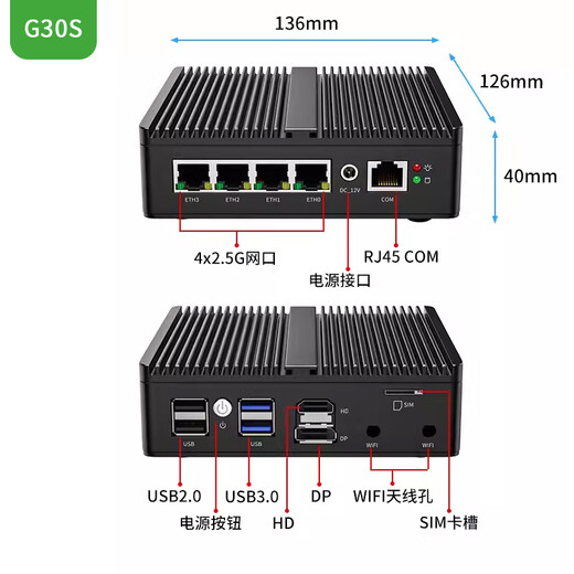 Double contrôle N5105 Version du ventilateur de refroidissement quad-core ROS ROS Soft Router Linux Host Industrial Control Computer Win11 Four Port réseau avec port série Double Affichage 4K Affichage 4G Entrée 4G N100 Mémoire 4G + 128G Solid State G31 Gray Fan Mode