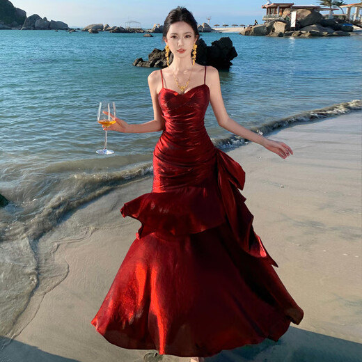 Zhanyuan Mermaid Large Skirt Ruffled High-End Suspender Dress Birthday Reception Adult Wedding Toast Wear Dress Long Skirt Green Ready Stock S