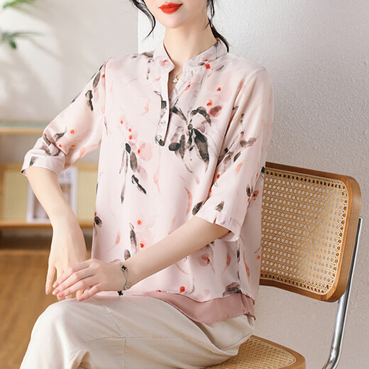 柚狮妈妈装款洋气雪纺短袖T恤2025新款中老年女时尚减龄上衣服 9901_杏色 XL _【建议90-110斤】