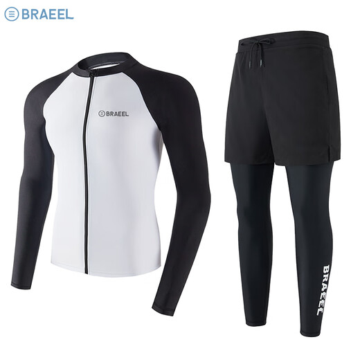 TRAVEL BUDDIESbarrel swimsuit men's surf suit split quick-drying tight jellyfish snorkeling suit wetsuit long-sleeved trousers direct sale men's pure white (cardigan) top + black trousers two-piece set 2XL (150-170Jin Jin equals 0.5 kg) One size fits all