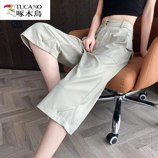 啄木鸟（TUCANO）冰丝七分裤女夏季薄款2025新款爆款宽松显瘦百搭休闲直筒7分中裤 藏青色 M 【推荐100-110斤】