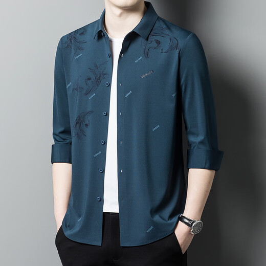 Seven Wolves Spring 2025 Men's Markless Shirt Middle-aged Outdoor Business Long Sleeve Lapel Print Trendy and Versatile FC-LB6627 Dark Green M -165