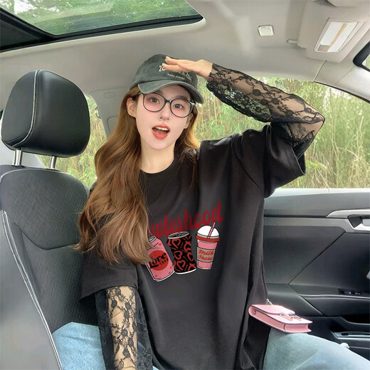 酷章（KUZHANG）网红炸街涂鸦宽松假两件纯棉t恤女2025蕾丝拼接显瘦防晒上衣 af7029 白色 M 建议110斤内