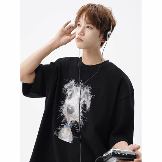 POUM men's summer personalized printed short-sleeved T-shirt trendy brand simple and versatile fashionable loose casual round neck top CQS-1480 black M