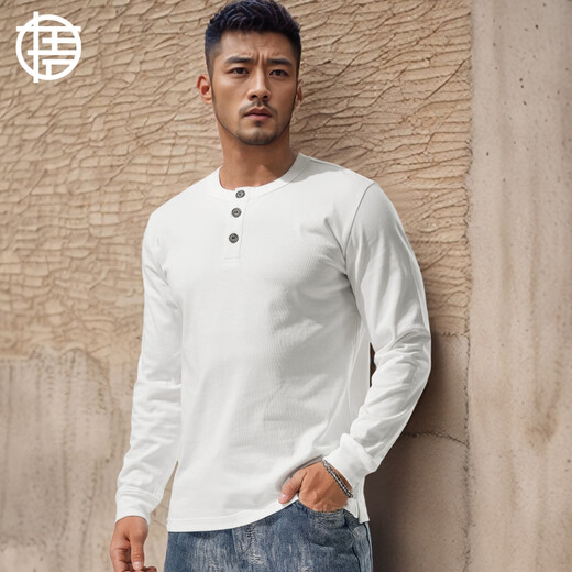 Enlightenment 280G heavy-weight Henley shirt men's long-sleeved T-shirt Henley collar slim-fit pure cotton solid color bottoming shirt for autumn and winter outer wear off-white M (100-130Jin Jin is equal to 0.5 kg)