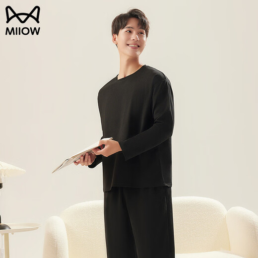 MiiOW New Couple Pajamas for Men and Women Spring and Autumn Waffle Long Sleeve Round Neck Pullover Solid Color Wearable Outerwear Home Clothing Set Black - Male L