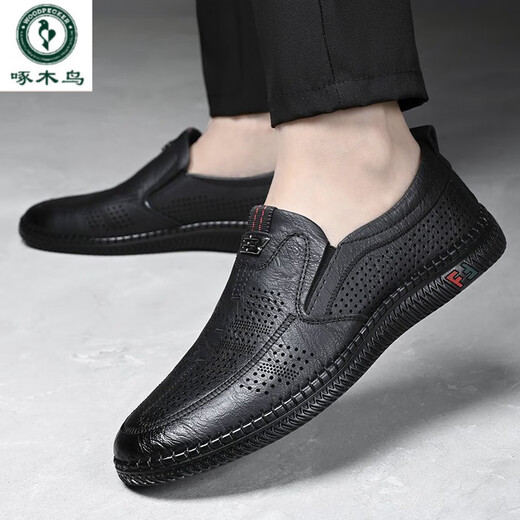 Holzspecker Sommer Neu 100% volles Kuhpferdhahn neues Leder neue Ledersandalen Dicke Sohle Kleidung-resistente hohle atmungsaktive Dad Schuhe 6999 Schwarz Leder Boutique Version 41