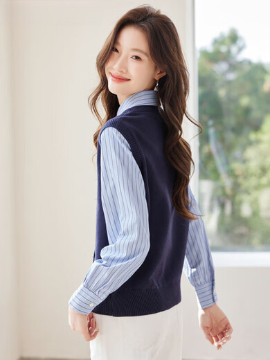 QIAFAN French contrasting color splicing fake two-piece striped shirt for women Autumn and Winter 2025 new temperament age-reducing inner top Navy blue splicing stripes [High quality version] S