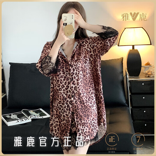雅鹿性感冰丝睡衣女款夏季薄款V领短袖短裤开衫豹纹蕾丝睡裙家居服 YM#12357 XL 建议110-130斤