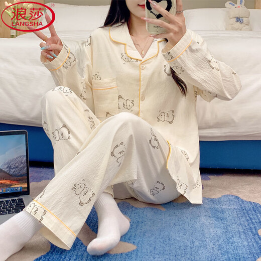 浪莎（LangSha）ins风可爱卡通小兔子睡衣女春秋季新款长袖长裤可外穿家居服套装 9227涂鸦小新【长袖长裤】套装 L 【建议105-120斤】