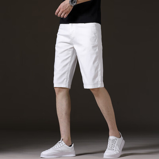 Seven Wolf (SW1960) High-End-Sommer-weißen Denim-Shorts Herren-Trendy Fünf-Punkte-Hosen-Herren lässig locker, vielseitig dünne Stretchbaumwolle QN1098 Weißer regulär 28