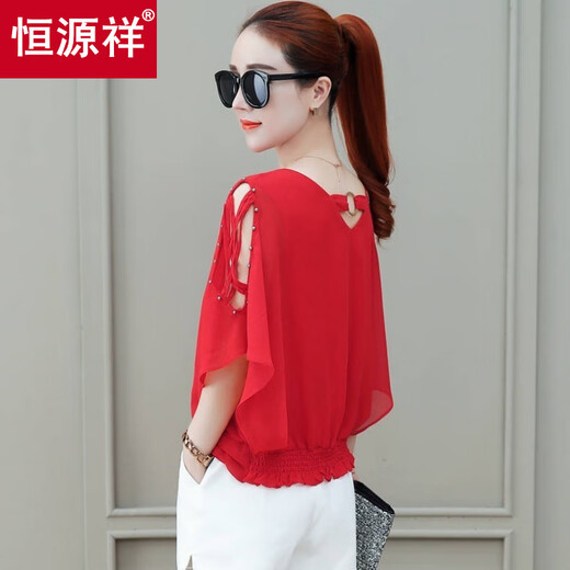 Hengyuanxiang short-sleeved chiffon shirt for women 2025 new fashionable belly-covering fashionable small shirt double v-neck bat shirt off-shoulder shirt black S (recommended 80-95 Jin [Jin equals 0.5 kg])