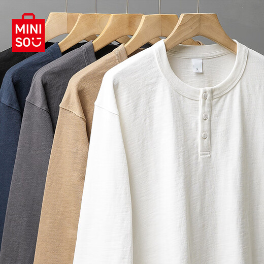 MINISO 250g heavy henley collar long-sleeved T-shirt for men in autumn simple casual henley basic two-needle inner wear 260G heavy white XL /180 (weight 140-160Jin Jin is equal to 0.5 kg)
