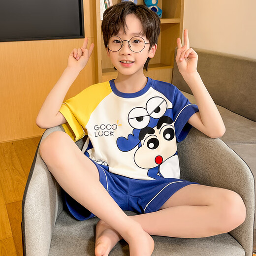 EMBERLOVE2025新款男童夏季睡衣套装纯棉短袖短裤薄款青少年男孩儿童家居服 K6626【双短】 160 M码，155-160cm