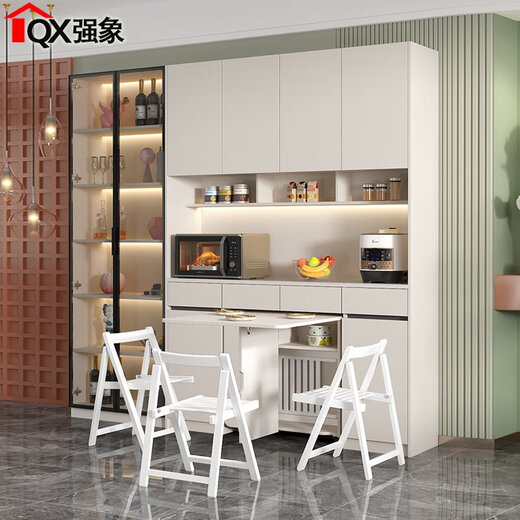 Qiangxiang creamy stone siding sideboard high cabinet integrated wall multi-function storage wine cabinet folding dining table custom G149 style 191400*800*756 6MM rock siding table double doors