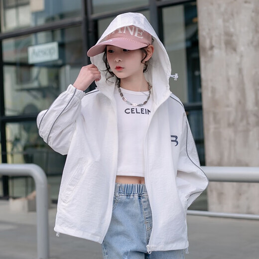 Children's solid color sun protection clothing, girls' summer new thin coat, loose outdoor casual, stylish, middle-aged and older children's coat, purple 160