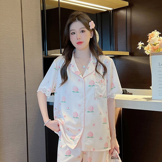 
Fox Fairy Summer Pajamas for Women Ice Silk Short Sleeve Trousers Sweet Peach Summer Thin Two-Piece Set FS_9905# Cardigan Short_Peach M