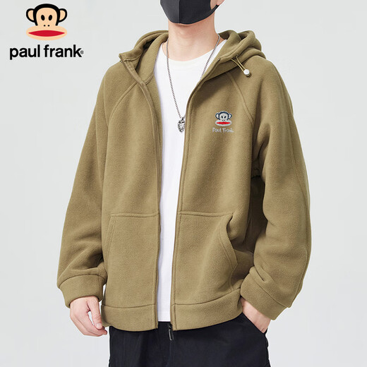 Paul Frank Jacket Men's Autumn and Winter Trendy Double-sided Velvet Hooded Jacket Men's Polar Fleece Warm Men's Khaki XL