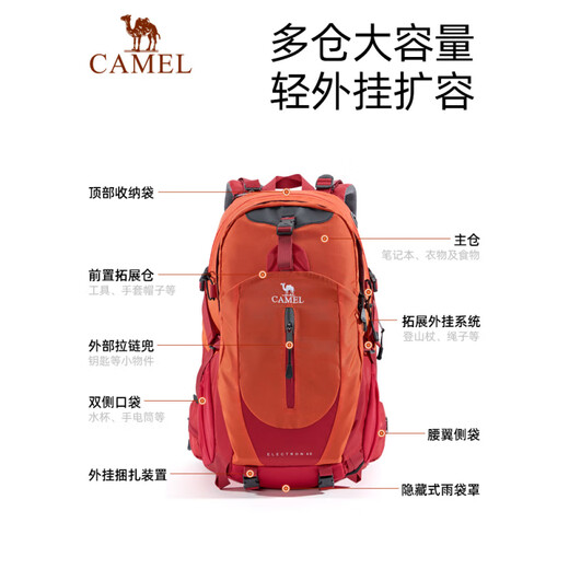 Camel (CAMEL) Outdoor Mountaineering Bag Hiking Men's and Women's Waterproof Backpack Large Capacity Lightweight Casual Sports Bag Backpack Fruit Green, Free Rain Cover Large Capacity Splash Resistant and Wear Resistant