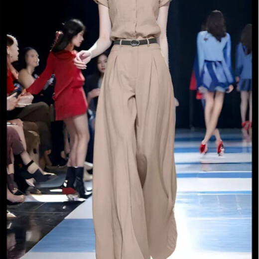 欧迪惠（Oudihui）时尚气质套装女2025夏季休闲裤女装新款短袖衬衫高腰阔腿裤两件套 灰色套装 L