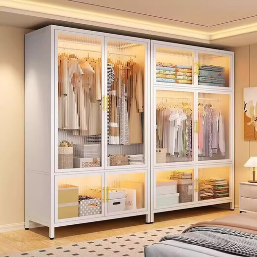 Steel wardrobe simple assembly household bedroom rental house metal frame iron wardrobe small storage cabinet upper and lower PC double door 998*500*1585