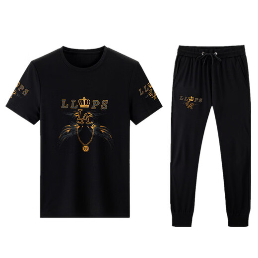 JEEP SPIRIT casual suit men's summer short-sleeved mulberry silkworm ice silk handsome match with Korean style fashion print trend 9227 black XL 175
