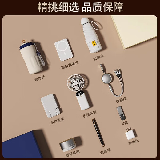 Dwarf Kingdom Business Gift Customized Logo Company Annual Meeting Event Gift Customized Pattern Thermos Cup Gift Box Power Bank + Mobile Phone Holder + Data Cable - White Box