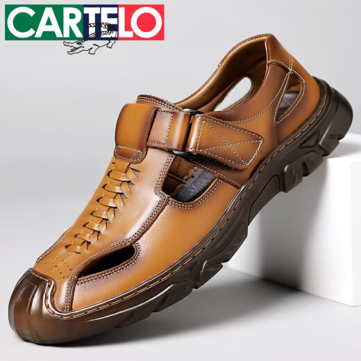 Cartelo Sommersandalen Männer echtes Leder atmungsaktives Sport und lässige Loch Schuhe hohl weiche Außensandalen Schwarz 6626/Top Cowhide 38 Standard Lederschuhgröße