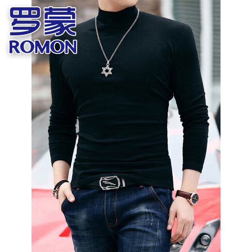 ROMON pure cotton half-high collar men's long-sleeved T-shirt slim-fit thick autumn and winter solid color inner warm tight-fitting bottoming shirt top Brown XL 140Jin Jin equals 0.5kg, left and right