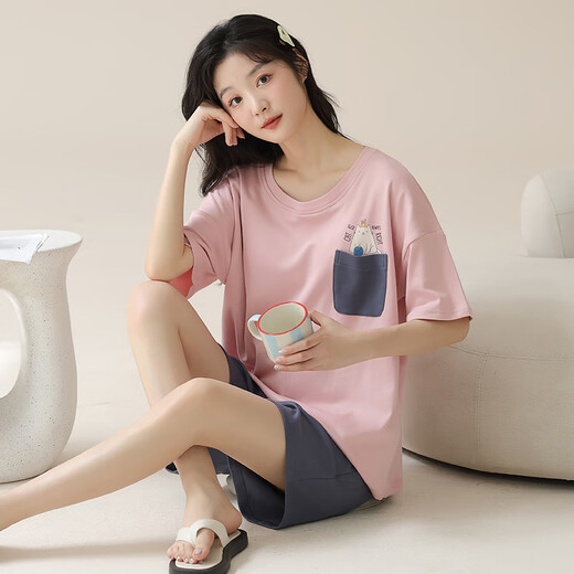 Qin Nuan pijama de algodón de alta calidad integrado con almohadillas de seno para mujeres en pantalones cortos de manga corta de verano Versión coreana linda ropa de talla grande dulce con almohadillas en el pecho traje de manga corta-g1047 m mujeres [recomendado 80-100Jin [Jin equivale a 0.5 kg]]]