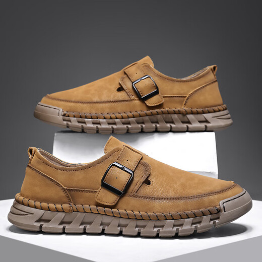 Doudou Men's Shoes 2025 Summer Nuevos zapatos de cuero de cuero de cuero genuino para hombres Huecos Huecos transpirables delgados zapatos de trabajo al aire libre Caki [Cuero de microfibra A679] 40
