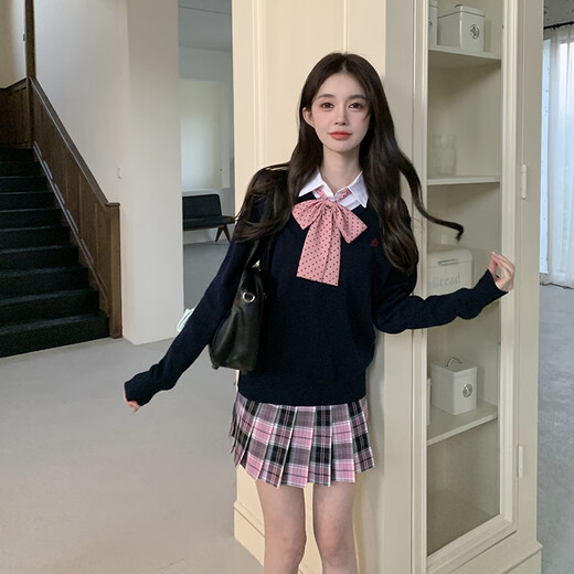 东鲸岁时记东鲸岁时记jk早春毛衣套装学生V领套头长袖针织衫学院风校供格裙 粉色格裙39cm XS