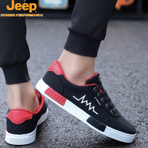 Jeep (Jeep) Chaussures masculines Spring Nouvelles chaussures en toile respirante Version coréenne pour hommes de chaussures plates polyvalentes Chaussures décontractées de l'usure des hommes 6636 Black and White / Flagship Official Store 39