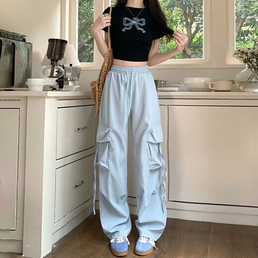 多口袋休闲冰丝工装裤男女生中性夏季户外长裤潮牌情侣休闲裤KXW 687黄色【冰丝工装裤】 M 【90-105斤】