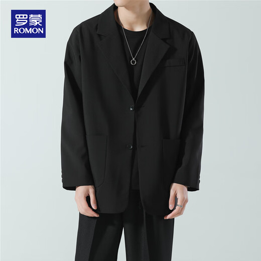 ROMON suit men's spring and autumn trendy loose lapel business single suit casual small suit jacket black XL
