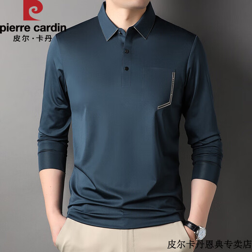 皮尔卡丹夏季桑蚕丝无痕t恤男士长袖翻领polo.衫凉感有口袋兜中年体恤爸爸 灰色-7036 L 170 建议120-135斤拍