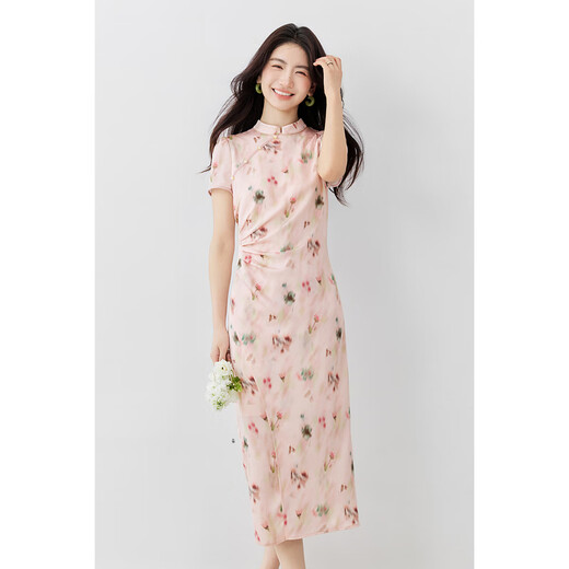 尚都比拉国风立领旗袍改良连衣裙女夏季新中式短袖印花中长裙收腰显瘦裙子