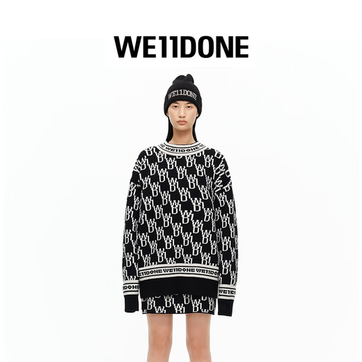 We11done neutrale Männer und Frauen gleicher Stil 22 Herbst- und Winter Neue Produktbrief Logo Druck warm loser runder Nackenpullover offizielles Flaggschiff Schwarz S
